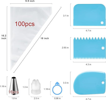 Piping Bags and Tips Set, Cakes Decorating Supplies Kit with 100pcs 18 Inch Pastry Bags, 16 Piping Tips, 3 Cake Scraper, 2 Couplers, 2 Bag Ties, Simple and Convenient Baking Supplies Set