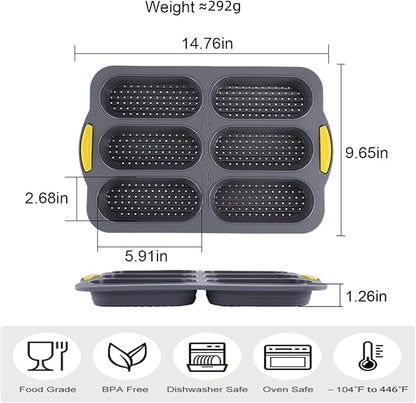 6-cavity Silicone Bread Loaf Pan, Nonstick Sourdough Loaf Pan & Heat Resistant Baguette Bread Pan, Bread Pans for Homemade Bread, Silicone Molds for Baking Hoagie Rolls, Hot Dog Bun