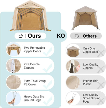 ADVANCE OUTDOOR Heavy Duty Carport 10X20 ft Outdoor Patio Portable Canopy Storage Shelter Shed with 2 Rolled up Zipper Doors & Vents for Snowmobile Garden Tools, Beige