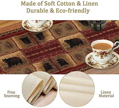 Rustic Bear Table Runner, Retro Vintage Bear Country Cabin Cottage Pine Tree Dinner Table Decoration for Home Kitchen Dining 13"x70"