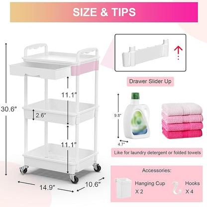 Goovilla 3 Tier Rolling Utility Cart Organizer with Removable Drawer, Stable and Sturdy White Rolling Storage Carts with 2 Lockable Wheels for Bathroom, Kitchen, Snack, Craft, Makeup, Baby Essentials