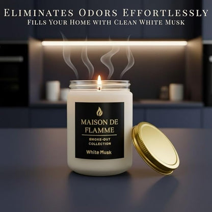 White Musk Odor-Eliminating Scented Candle, 200g/7oz White Jar – Long-Lasting Soy Wax Blend Candle for Smoke, Kitchen & Pet Odors