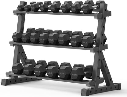 PAPABABE Hex Dumbbell Set with Rack, Rubber Encased Free Weight with Weight Storage Racks, Multiple Weight Options for Home Gym and Fitness