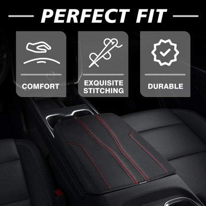 Muslogy Armrest Cover Center Console Cover Compatible with 2024 2025 GMC Acadia & Chevrolet Chevy Traverse Accessories Vegan Leather Arm Rest Middle Console Protector (Black/Red Stitching)