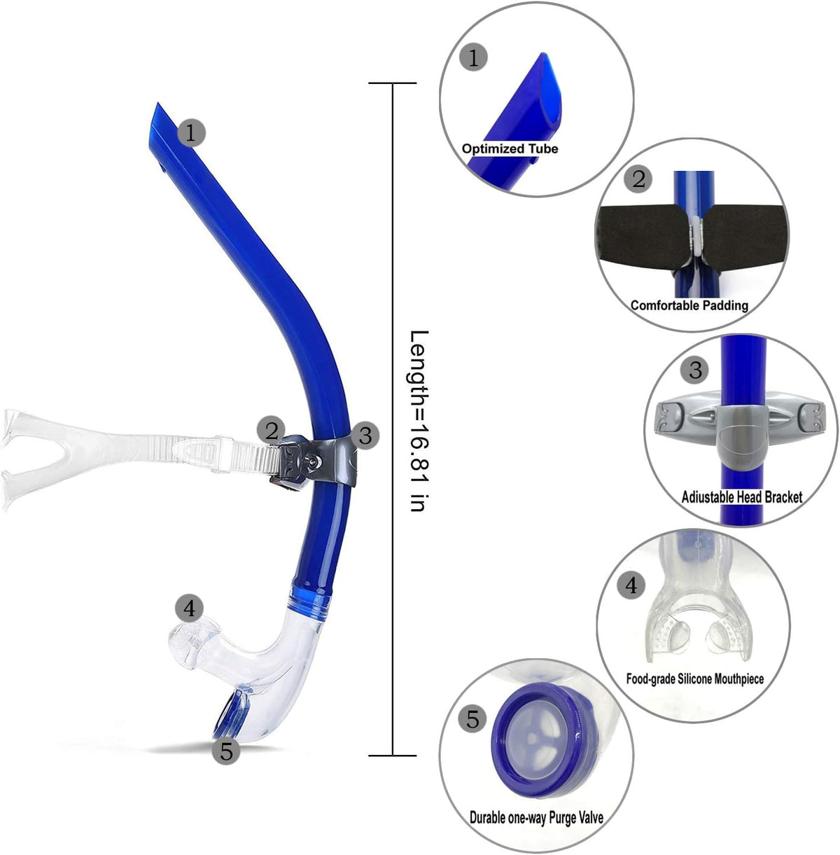 Panzexin Swim Snorkel, One-Way Purge Valve Swimmers Snorkel for Lap Swimming Training Snorkeling, Front Mounted Training Gear with Comfortable Silicone Mouthpiece