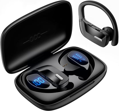 Wireless Sport Earbuds Bluetooth Headphones with Mic 80H Playtime IPX5 Waterproof Ear Buds Deep Bass Earphones Over Ear Headset for Running Gym Workout - Black