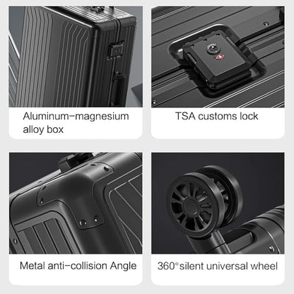 Metal all aluminum carry-on suitcase 20 "hard face, TSA lock and rotating wheel zippered luggage set (blue, 2Piece(20/28))