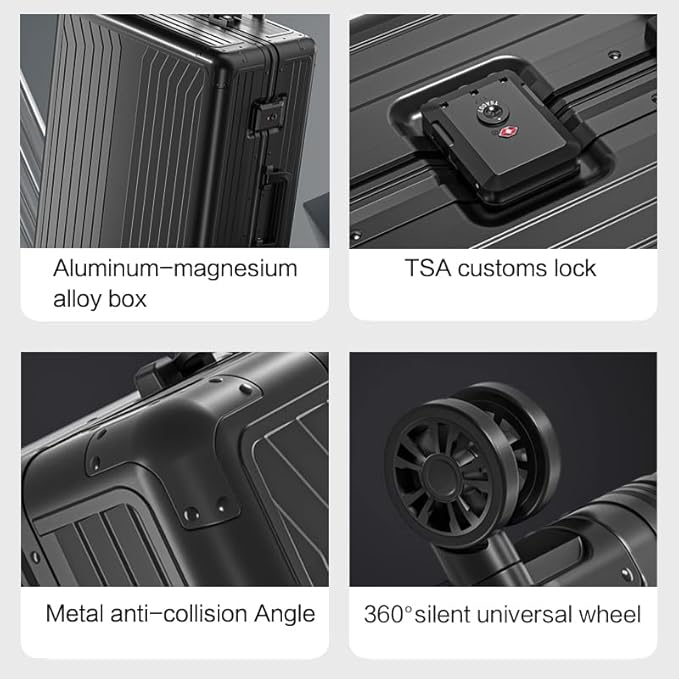 Metal all aluminum carry-on suitcase 20 "hard face, TSA lock and rotating wheel zippered luggage set (black, 24 '')