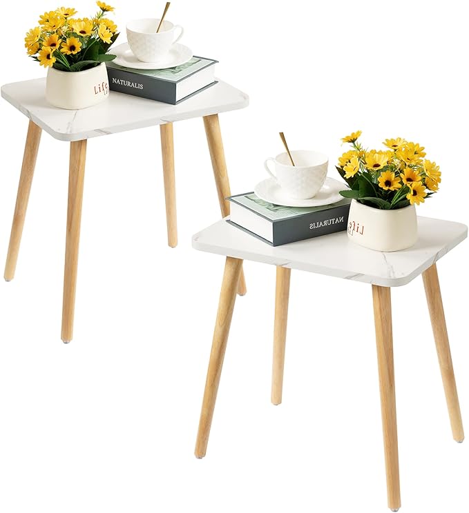 FORAOFUR Small Side Table, Set of 2 Modern Mini Coffee Table with Natural Wood Legs, Quick Assembly End Furniture for Bedroom Living Sofa, Minimalist Design for Nursery and Compact Homes, Marble