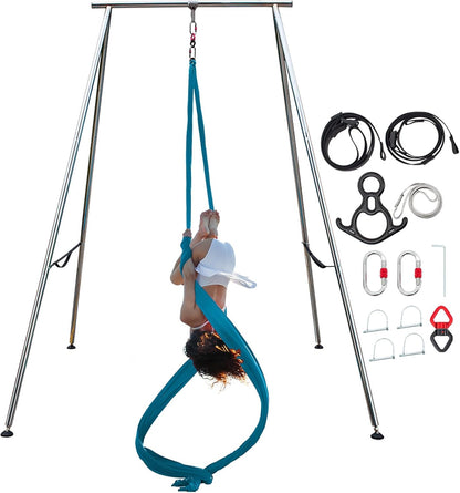 TECSPEC 9.6 FT/115.3 Inch Adjustable Height Aerial Yoga Frame & Hammock, Professional Swing Stand with 18 FT/33FT Aerial Silk, 550lbs Max Capacity