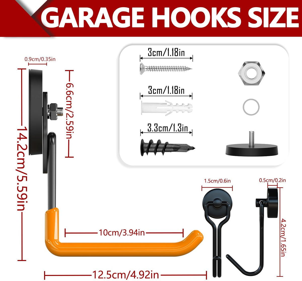 3-H Heavy Duty Magnet Garage Hooks 2 Pack, Extra Large Strong Magnetic Hooks for Hanging Cordless Power Drill, Utility Magnetic Tool Holder for Metal Cabinet, Steel Pegboard, Toolbox, Garage(Orange)