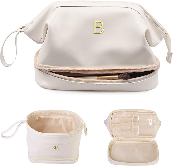 Monogrammed Gift for Women Girls, Initial Makeup Bag, Personalized Double Layer Cosmetic Bag with Makeup Brush Organizer, Large Capacity PU Leather Travel Toiletry Bag, Sister Gifts