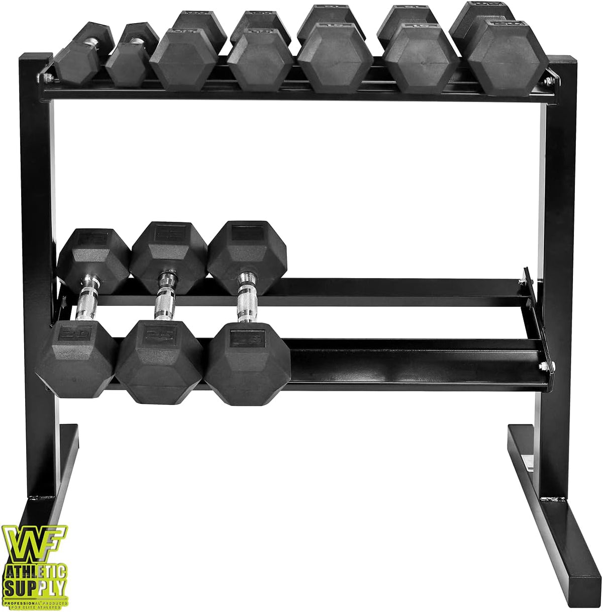 WF Athletic Supply Rubber Coated Hex Dumbbell Set with Two Tier Premium Storage Rack Built for Strength Building, Weight Loss & Home Gym – Multiple Sets Available