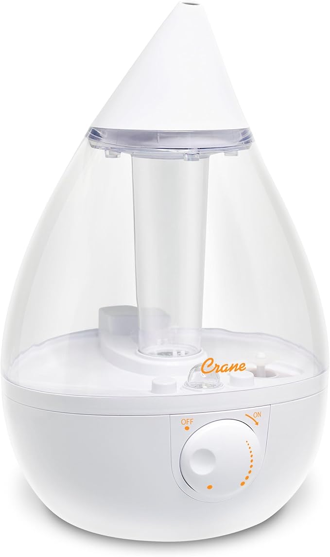 Crane White Teardrop Ultrasonic Cool Mist Humidifier, 1 Gallon Auto Shut-Off for Large Room, Baby Nursery, Bedroom Office, Clear & White