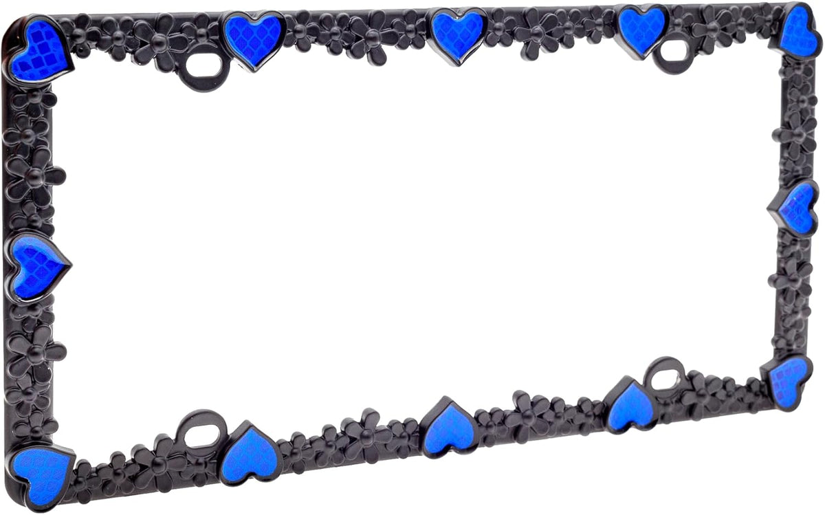 Creathome 3D Daisy Heart License Plate Frame from Pure Zinc Alloy Metal Perfect Plate Holder, Matt Black Daisy with Blue Reflective Heart