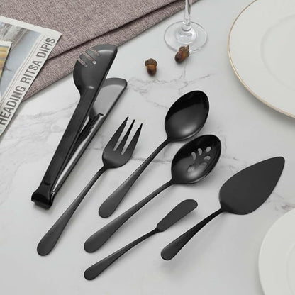 BEWOS Black 20-Piece Serving Set, Black Slotted Spoons & Tongs, Forks, Cake Server & Butter Knife, Stainless Steel, Dishwasher Safe