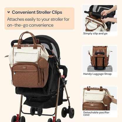 BabbleRoo Leather Diaper Bag Backpack, Multifunction Large Bags with Changing Pad & Stroller Straps & Pacifier Case, Unisex Stylish Travel Back Pack Nappy Changing Bag for Moms Dads (Coffee Cream)