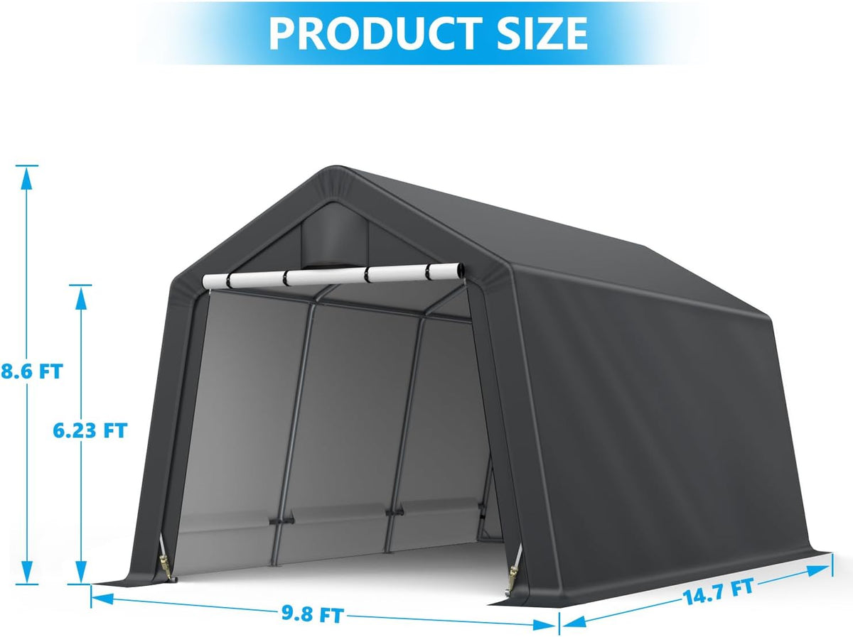 10x15FT Outdoor Storage Shelter Carport,Thickened Double-layer Heavy Duty Storage Shed Carport with Roll-up Zipper for Bike, Motorcycle, Garden Storage, Dual-color PE Waterproof and UV Resistant, Gray