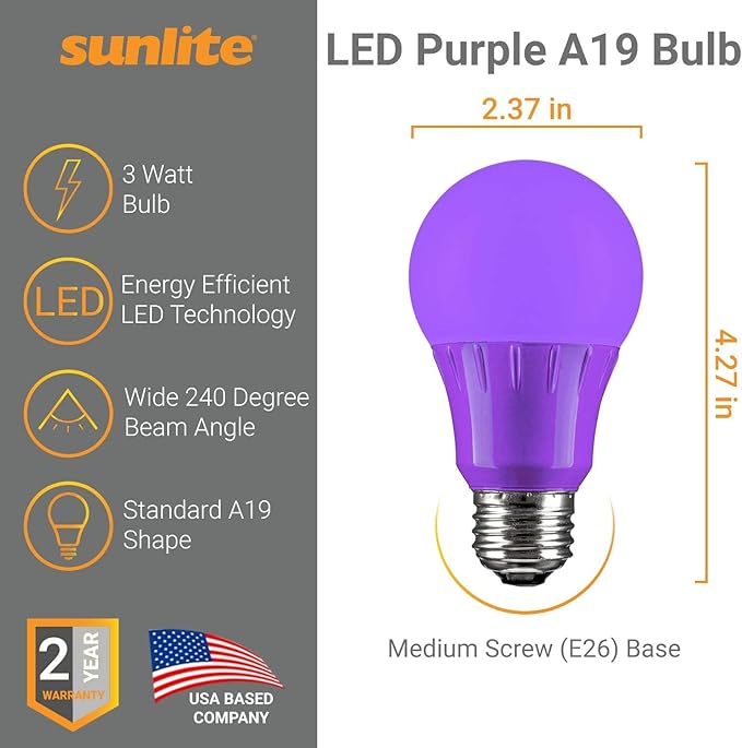 Sunlite 41520-SU LED Decorative 3 Watt (25W Equivilant) Holiday Light Bulb, Halloween Lighting, 120 Volt E26 Medium Base, Non-Dimmable, UL Listed, Orange and Purple 4 Pack