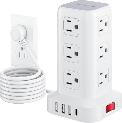 Surge Protector Power Strip 6.5 FT Cord, Power Strip Tower with 4 USB Ports (1USB C), Extension Cord with 12 AC Multiple Outlets, Home Office Supplies Desk Accessories, Dorm Room Essentials