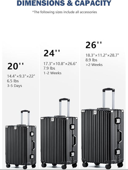 HotWay 26 Inch Aluminum Frame Luggage with Spinner Wheels, PC Hard Shell Suitcase with Cup Holder, Zipperless Luggage for Business Travel, Black