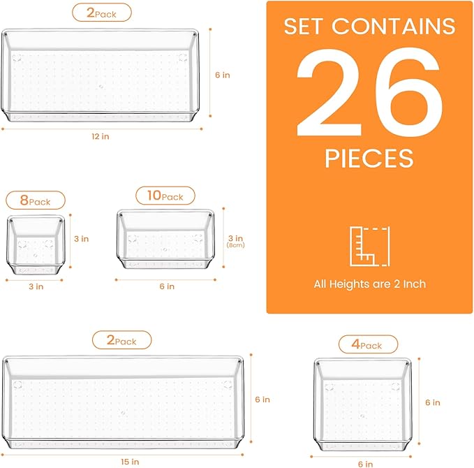 Criusia Drawer Organizer, 26 Pack Clear Plastic Drawer Organizer Bins, Versatile Organization and Storage Trays for Kitchen, Bathroom, Vanity Makeup and Office
