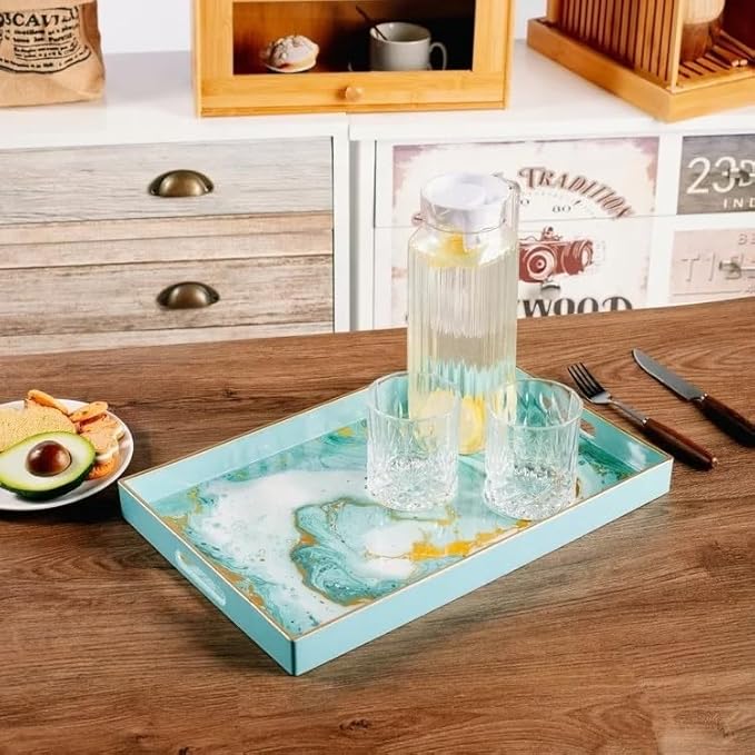 Turquoise Marbling Decorative Tray with Handles, Morden Plastic Rectangular Serving Tray for Coffee Table Bathroom, Ottoman, Home Decor, 15.7"* 10.2"* 1.38"