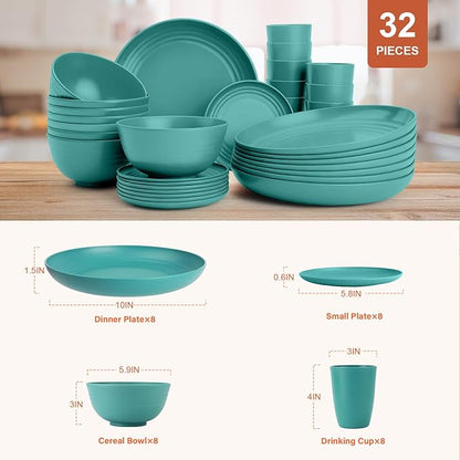 Wheat Straw Dinnerware Sets 32-Piece, Service for 8, Unbreakable Kitchen Dishes Set, Plastic Plates and Bowls Set with Cups, Microwave and Dishwasher Safe Dishware Set for Party- Green
