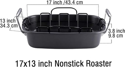 Cook N Home Nonstick Roasting Pan Bakeware Roaster with Rack, 17x13-inches, Black