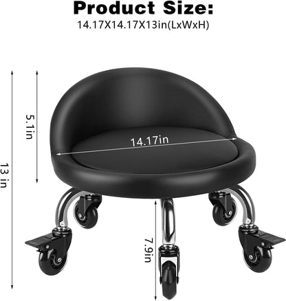 Rolling Stool with Backrest Low Height Rolling Stool with PU Leather, Roller Stool Chair, Roller Seats for Home, Office, Garage, Shop, Library (3.2" h Casters)