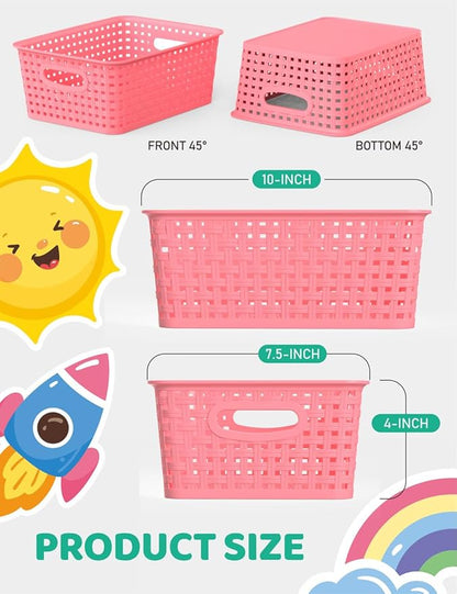 WYT 6-Pack Plastic Small Shelf Storage Weave Baskets Organizing for Cabinets and Pantries, Pink