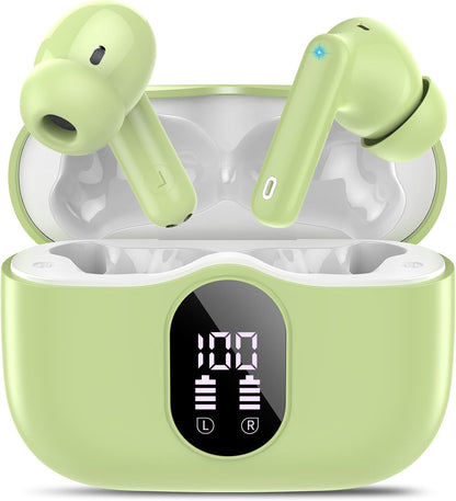 Wireless Earbuds, Bluetooth 5.4 Headphones Bass Stereo, Ear Buds with Noise Cancelling Mic, IP7 Waterproof in Ear Earphones, 36H LED Display Bluetooth Earbuds for Laptop Pad Phones Sports, Grass Green