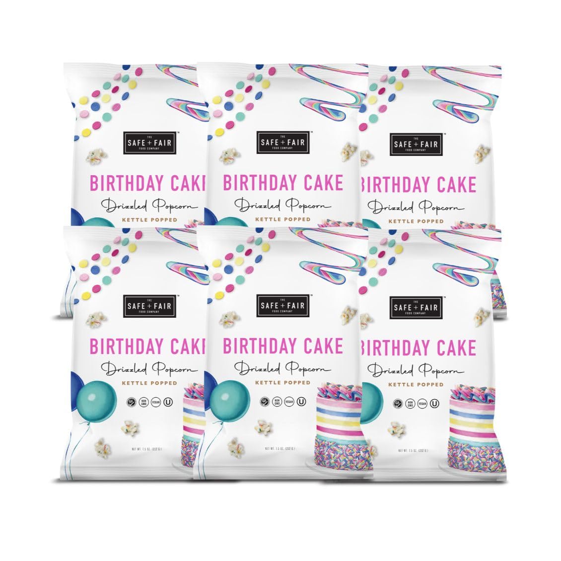 Safe + Fair Birthday Cake Drizzled Popcorn - Gluten-Free, Dairy Free and Vegan Snack - Free From Top 9 Allergens and Artificial Ingredients – Non GMO, Plant Based Kettle Popped Corn, 5.5oz, 6 Pack
