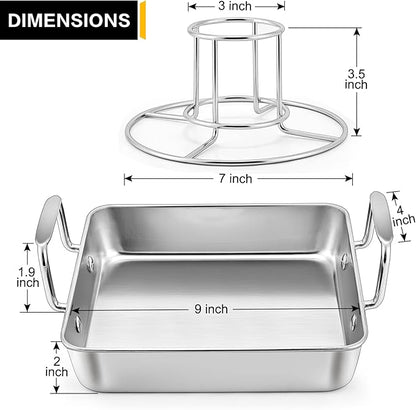 P&P CHEF Beer Can Chicken Holder with Roasting Pan Set, 9-inch Stainless Steel Square Baking Pan and Chicken Rack For Grilling, Heavy Duty & Dishwasher Safe, 2Pcs