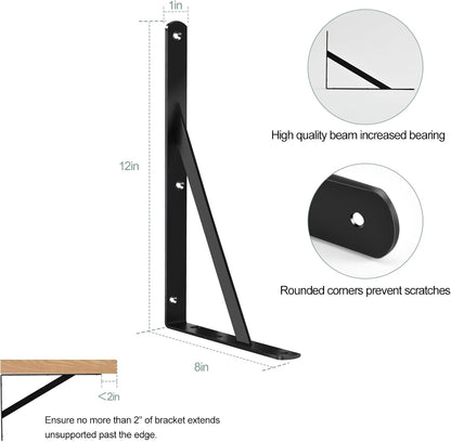 12 Pack L12 x H 8" Black Heavy Duty Shelf Brackets with Screws Metal Shelf Brackets Shelf Support Angle Brackets for Shelves L Brackets Heavy Duty Floating Shelf
