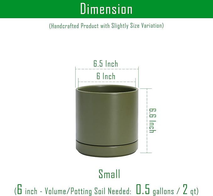 D'vine Dev Set of 2 Plants Pots, 6.5 Inch Ceramic Planter Pot for Plants with Drainage Hole and Saucer, Olive, 94-V-C-J