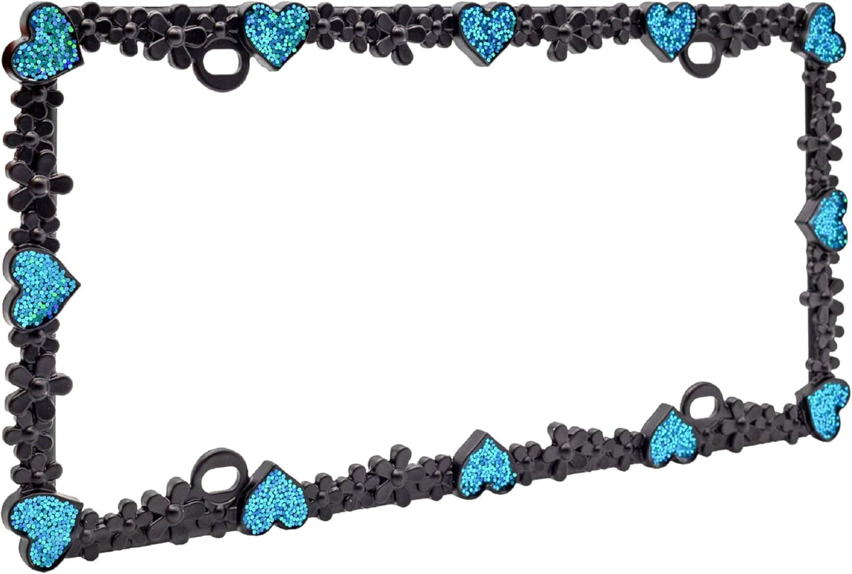 Creathome 3D Shining Daisy Heart License Plate Frame from Pure Zinc Alloy Metal Perfect Plate Holder, Matt Black with Blue Glitter, Luminously Heart
