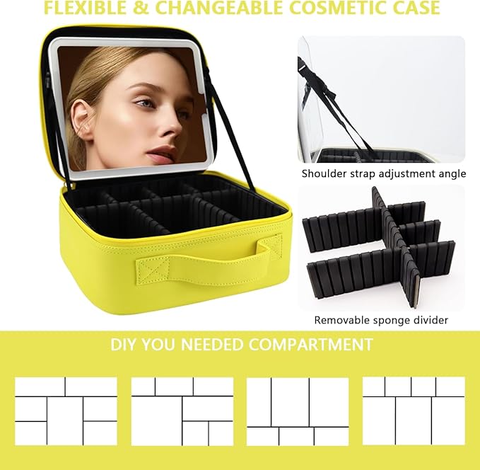 Travel Makeup Bag for Women and Makeup Artists Cosmetic Organizer Large Makeup Case,Travel Makeup Bag with Mirror 3 Color Setting,Portable Storage and Adjustable Dividers(yellow)