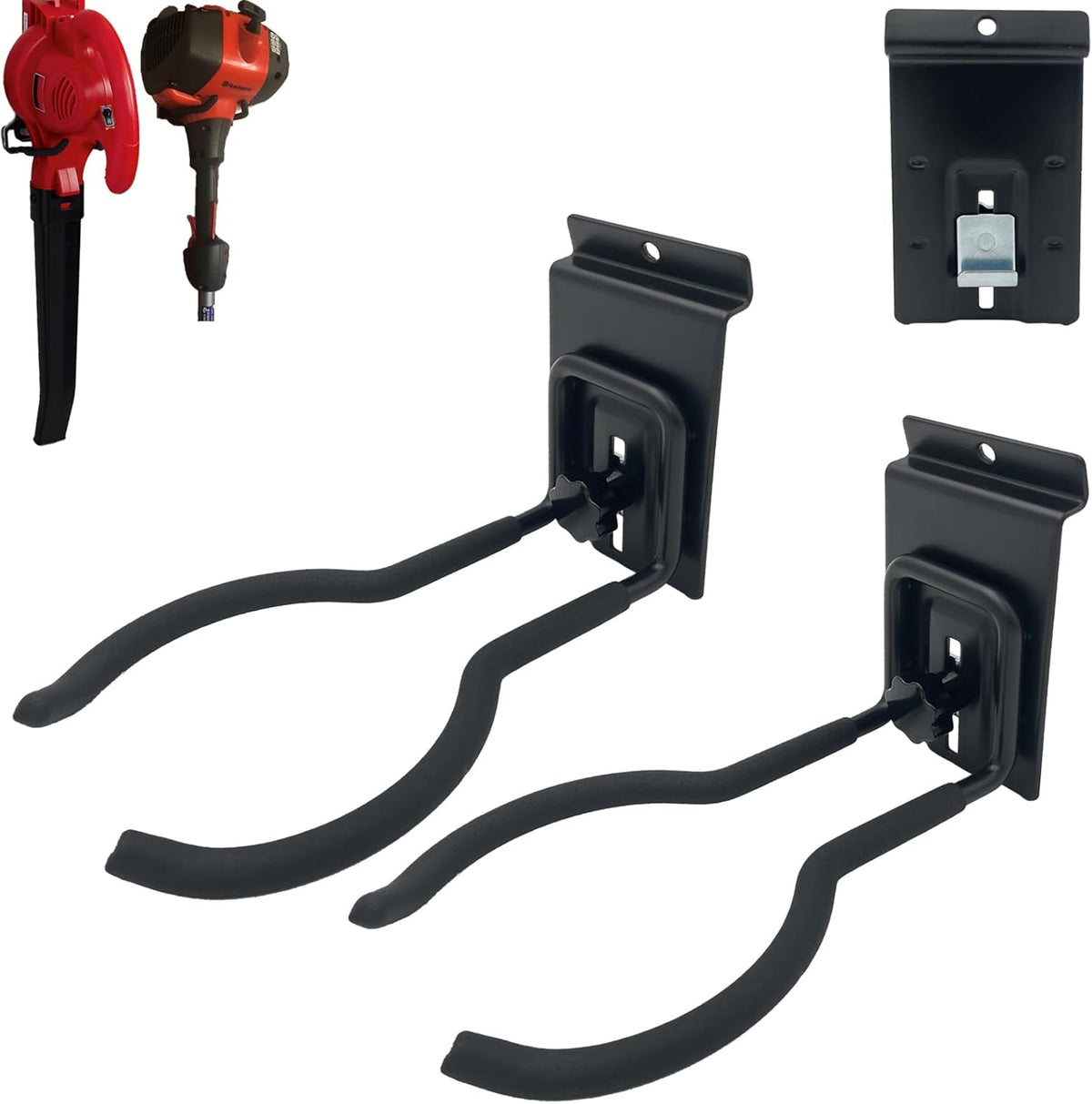 Adjustable Slatwall Hooks, Lockable Slatwall Weedeater Hanger, String Trimmer Hanger, Power Tool Hanger for slatwall Accessories, Utility Hooks for Garage Storage 8"" 2 Pcs, Black