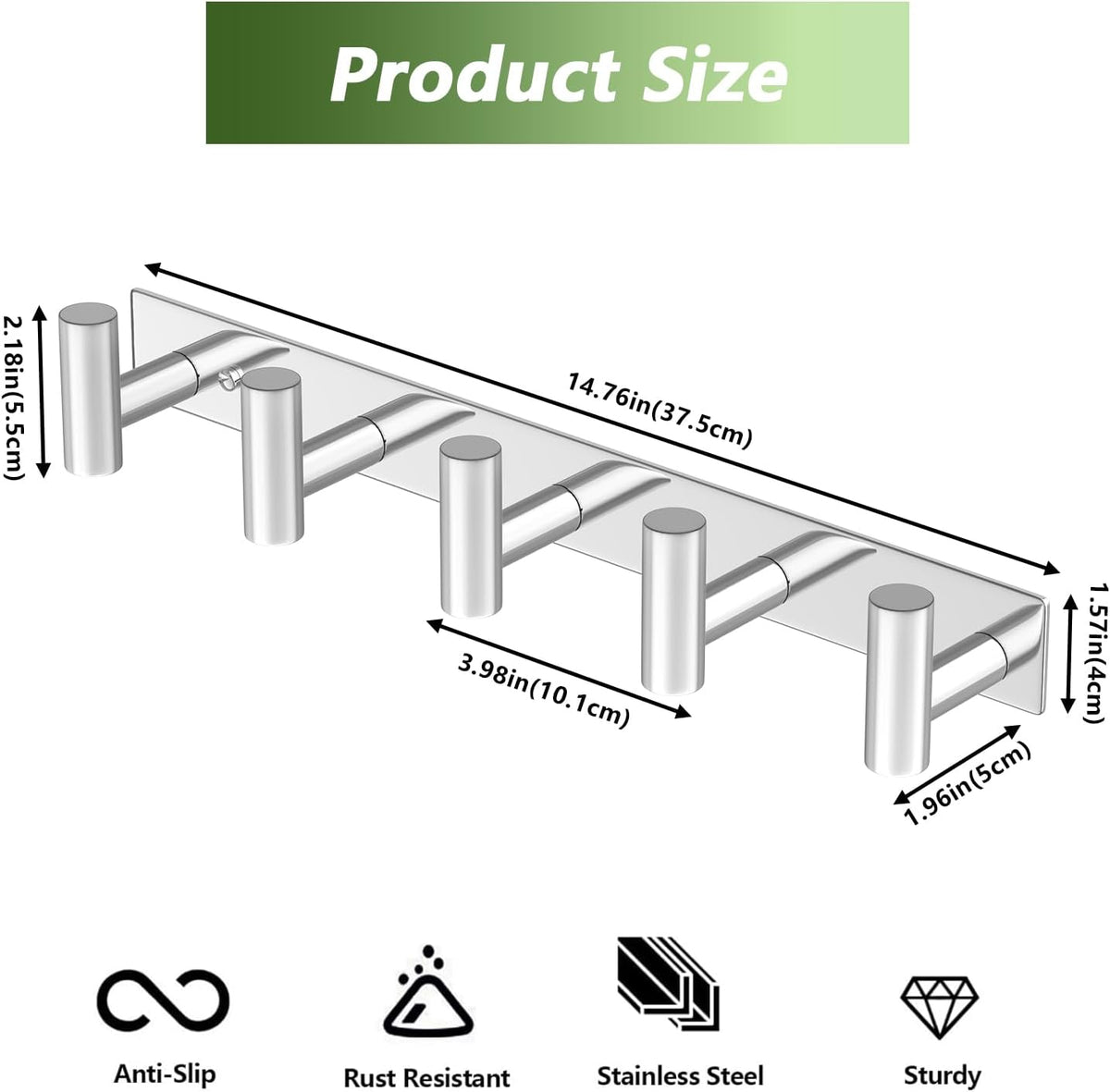 Wall Mounted Coat Rack-5 Hooks, Heavy Duty Stainless Steel Hook Rail for Towel Coat Hat Purse Bag Jacket, Towel Hooks for Entryway Bathroom Kitchen (Glossy 5 Hooks - 1 Pack)