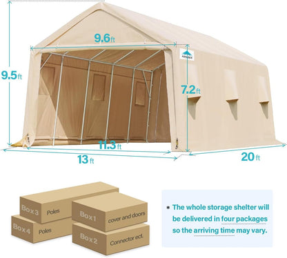ADVANCE OUTDOOR 13x20 ft Garage Tent Carports with 2 Roll up Doors & Vents Outdoor Portable Storage Shelter for Vehicle Truck Boat Anti-UV Snow Resistant Waterproof, Beige
