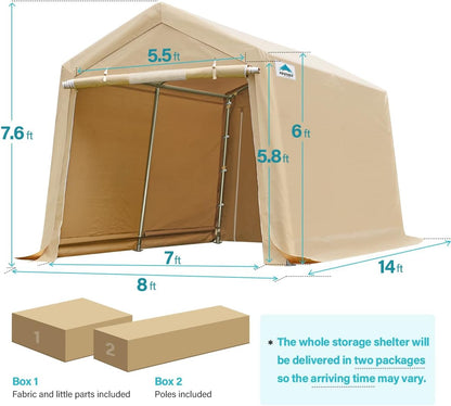 ADVANCE OUTDOOR 8x14 ft Steel Metal Peak Roof Portable Garage Shelter Storage Shed Carport for Motorcycle, Bike or Garden Tools with 2 Roll up Doors & Vents, Beige