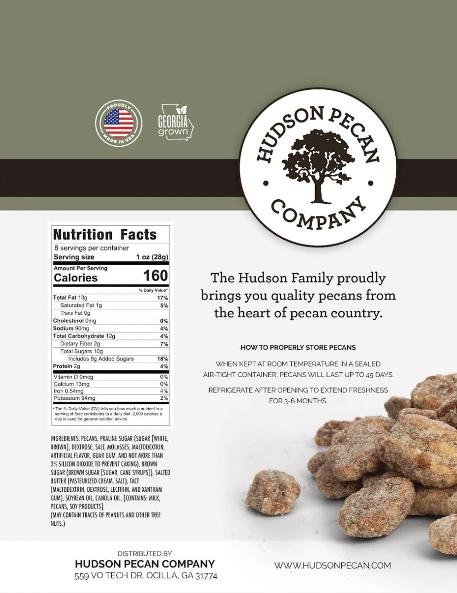 HUDSON PECAN: Praline Pecans - Gourmet Delight in Every Bite - 8oz Resealable Pack for Freshness - Irresistible Southern Sweetness - Perfect for Snacking, Baking, and Gifting - One Pack of Delectable Pecan Pralines (8 Ounce, Praline Pecans)