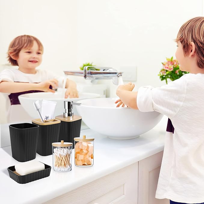 Black Bathroom Accessories Set, 9PCS Bathroom Accessory Set with Trash Can,Tray,Soap Dispenser,Toothbrush Holder,Toothbrush Cup,Soap Dish,Toilet Brush and Q-tip Holders for Housewarming