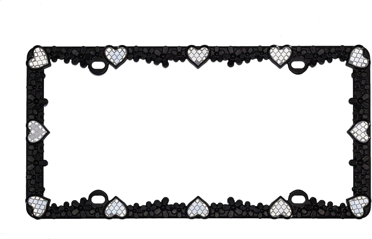 Creathome 3D Daisy Heart License Plate Frame from Pure Zinc Alloy Metal Perfect Plate Holder, Matt Black Daisy with Silver Reflective Heart
