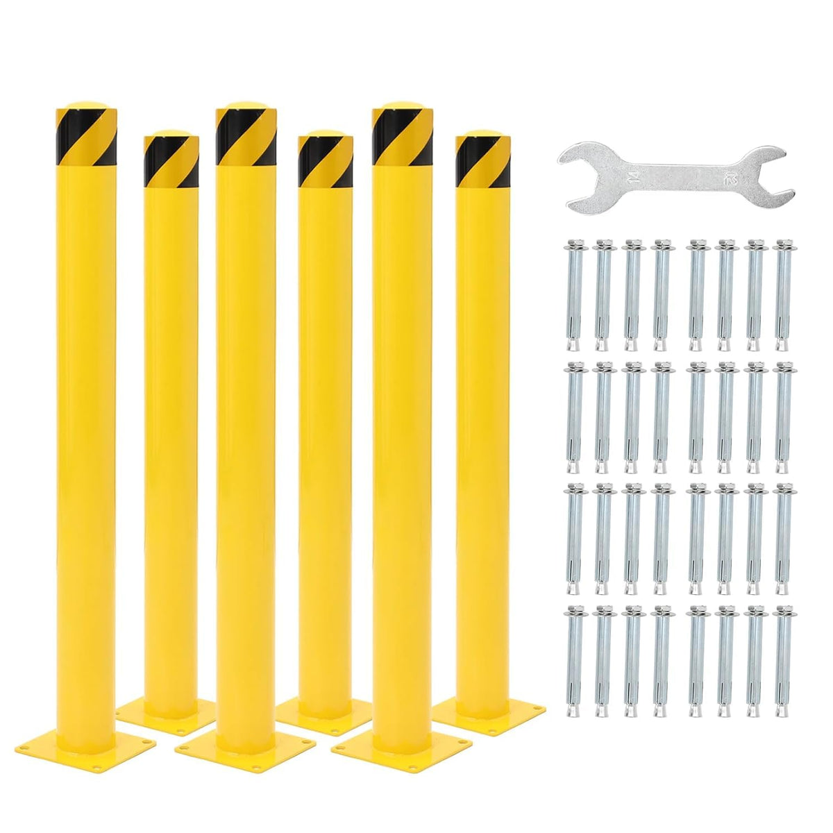 6Pcs Heavy Duty Safety Bollards, 42" Height, 4.5" Diameter Steel Pipe Bollard Post with 24 Anchor Bolts, High-Visibility Yellow Parking Bollard for Traffic Control, Warehouses, & Pedestrian Safety