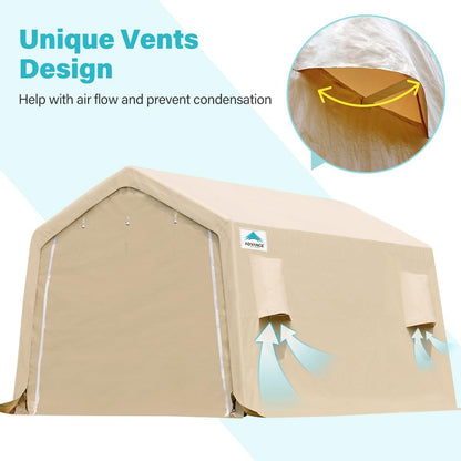 ADVANCE OUTDOOR 10x15 ft Shelter Storage Shed Steel Metal Peak Roof Portable Garage Carports for Motorcycle, Boat or Garden Tools with 2 Roll up Doors & Vents, Beige