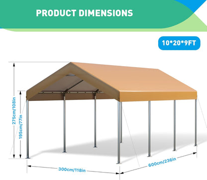 10X20 Ft Heavy Duty Carport Canopy, Portable Garage, Car Tents, Easy to Assemble, Reinforced Structure, with Hanging Edge, Applicable to Car, Bike, Boat, Party (Yellow)
