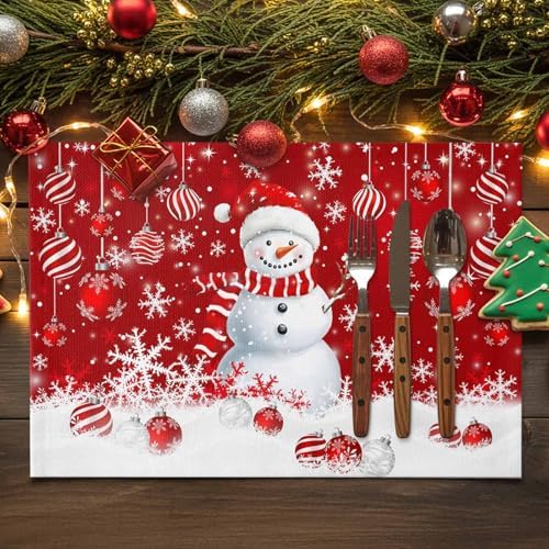 Christmas Placemats Set of 6, Snowman Heat Resistant Washable Dining Table Mats Xmas Holiday Farmhouse Decor for Kitchen&Linens Outdoor Indoor, Snowflake Red Christmas Balls