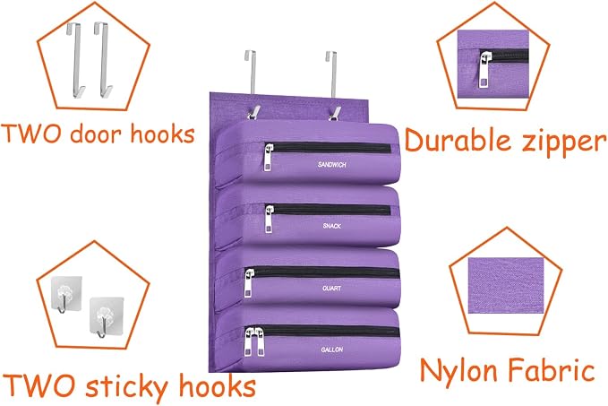 Zipper Bag Organizer Compatible with Gallon, Quart, Sandwich & Snack Food Storage Bag, Kitchen Plastic Bag Storage Organizer for Kitchen RV Camper (Purple)
